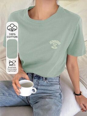 SHEIN Sage Green 'Sunshine' Graphic Cotton Tee